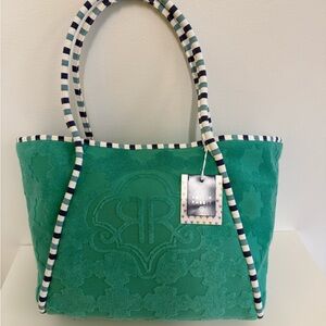 Roller Rabbit green embossed tote with navy-and-white striped handles